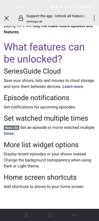 SeriesGuide app: Info on what premium actually unlocks. Very basic features.
