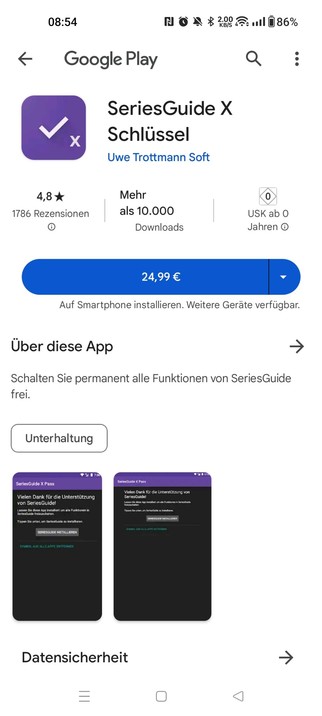 SeriesGuide app in Google Playstore: Premium lifetime can be purchased for 24,99 €.