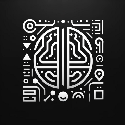  ChatGPT The image features a minimalist black and white logo on a black background. Central to the design is a stylized digital brain, depicted with intricate, circuit-like patterns and digital connections, symbolizing artificial intelligence. Integrated within and around the brain are abstract elements representing user interface (UI) design, such as simplified icons and interface lines. 