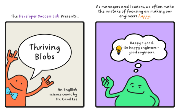 The Developer Success Lab Presents... Thriving Blobs. An EngBlob science comic by Dr. Carol Lee.  As managers and leaders, we often make the mistake of focusing on making our engineers happy.