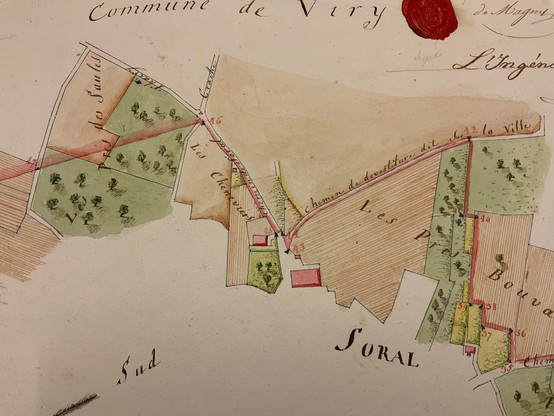 An extract of a hand painted watercolor map from 1816 showing the border area passing through the village of Soral.