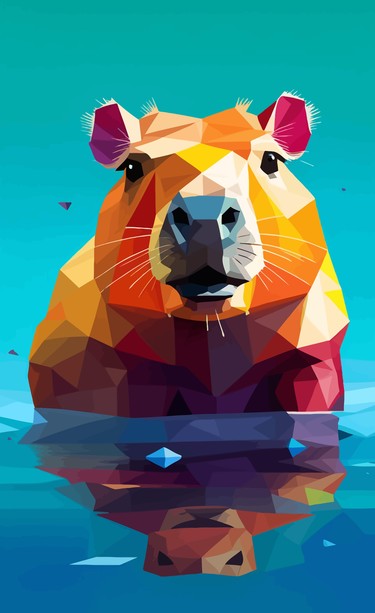 The illustration shows a cute capybara enjoying a bath in a shallow body of water. The capybara is smiling and appears to be having a great time as it splashes around in the water. Its fur is wet and glistening in the sunlight, and it looks relaxed and content. The illustration captures the playful and friendly nature of the capybara, making it a delightful addition to any family as a pet.