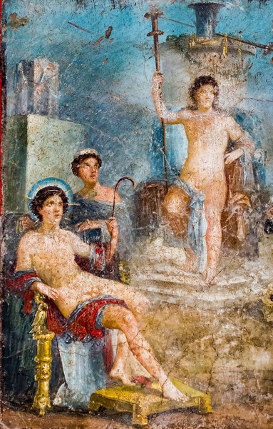 Fresco detail of beardless, youthful Dionysos with a long torch sitting on a throne, surrounded by Helios and Aphrodite (not shown) and other gods. Helios is crowned with a sun ray crown and holds a shepherd's staff. He is also seated on a golden throne below Dionysos.