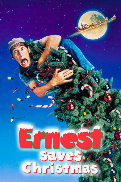 Movie poster for Ernest Saves Christmas: Ernest P. Worrell is on the top of a tall Xmas tree that is leaning to the left due to Ernest's weight. Ornaments, lights, and candy canes are flying everywhere as Ernest holds on tightly to the tree, mouth wide open—AHHHHH! In the background, Ernest is flying Santa Claus' sleigh with 8 (eight) reindeer over a full moon.
