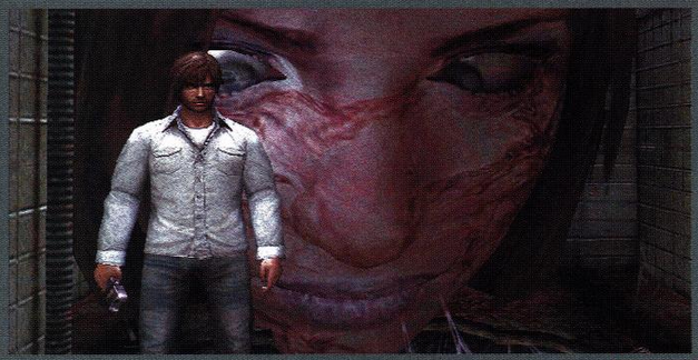 dude with brown hair, white shirt and jeans holding something. a large imposing scary veined face is behind him, its eyes looking toward him.