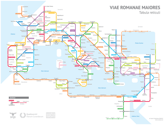 Metro map style chart of roads in the Roman Empire, all in Latin.