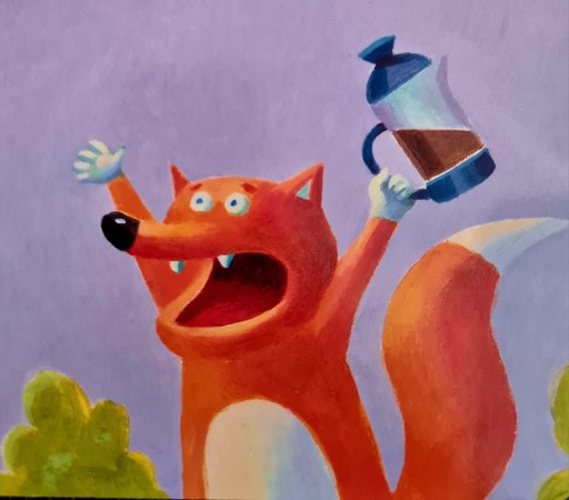 Ein wild gestikulierender Fuchs mit einer French Press, die halbvoll mit Kaffee ist, in der linken Pfote.
Szene aus dem Kinderbuch "Schlafen gehen" von Ravensburger.