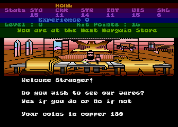 Screenshot of Alternate Reality on the Atari 8-bit but with the GoldenAxeZX font