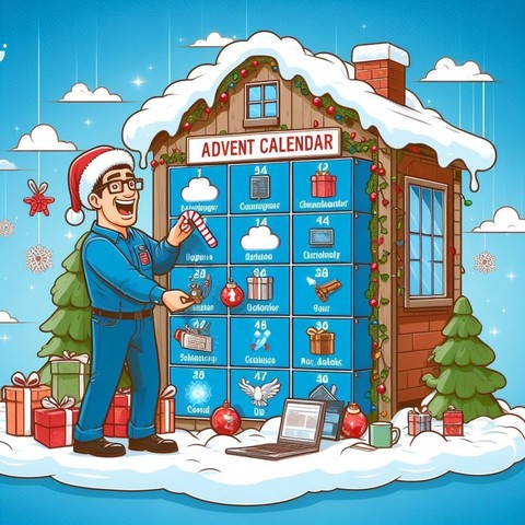 Created via Bing Image Creator: Cartoon of middle aged glasses wearing white male in blue business casual playing with Christmass ornaments in front of a cabin sized Advent Calender 