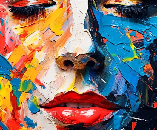  A vibrant abstract painting of a face with prominent red lips and thick brushstrokes in various colors, resembling a baseball player's energy.