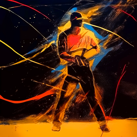 Silhouetted baseball player in dynamic stance with bat, against an abstract cosmic background with streaks of light.