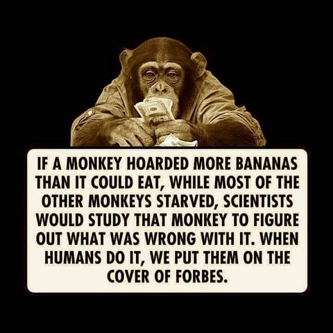 If a Monkey hoardet more bananas than it could eat, while most of the other monkeys starved, scientist would study that monkey to figure out, what was wrong with it. When humans do it, we put them on the cover of forbes.