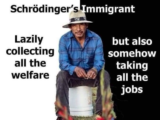 Schrodinger's Immigrant
Lazily collecting all the welfare...
.. But also somehow taking all the jobs.
Photo of an Immigrant field laborer with a sun hat & long sleeve plaid shirt sitting on a bucket. 