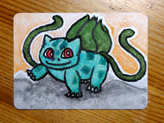 Une carte représentant Bulbizarre, le pokémon starter de plante de Pokémon Rouge/Bleu/Vert sur fond orange.
