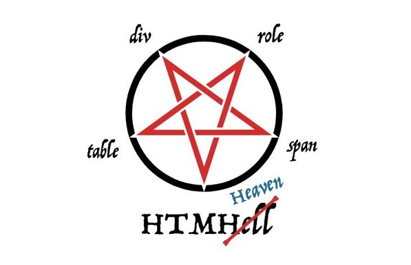 Inverted red lined star on black lined circle, text on each point: table, div, role, span, HTML, strikethrough Hell, floating over blue Heaven