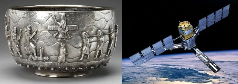 Two images, side-by-size. On the left is an ancient silver-tinted metallic bowl, displaying the "Faravahar", a human figure (I think it represents a spirit or deity) floating in the air with wings on either side. Several people are on the ground pointing at the Faravahar. On the right is an image of a modern satellite, with a body and wings that are visually similar to the Faravahar. The implication is that the Faravahar may have been an extraterrestrial flying in a spaceship.