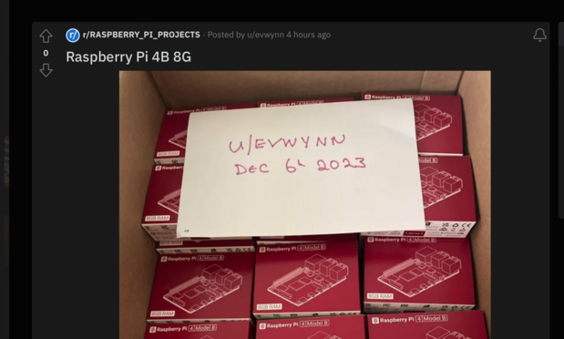 Box of Raspberry Pi 4s for sale by someone on Reddit