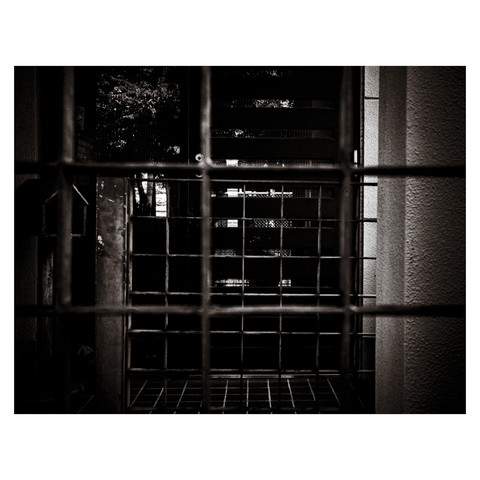 The image is a black and white photograph that captures a view through two sets of barred gates leading to a house's front door, which reflects a chain link fence and foliage. To the left, a mailbox is visible, adding a touch of the routine to the layered composition.