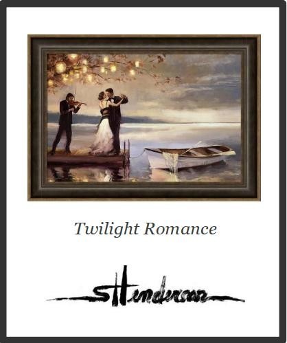 Framed print of an original oil painting by Steve Henderson depicting a couple dancing next to a lake.
