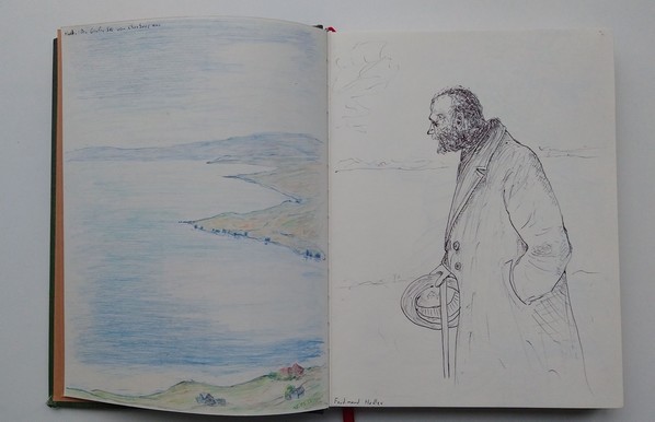 Left: Drawing of lake geneva with colored pencils
Right: Drawing of Ferdinand Hodler with a ballpoint pen