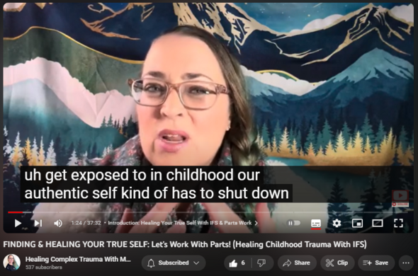 https://www.youtube.com/watch?v=6U477d6gBLE
FINDING & HEALING YOUR TRUE SELF: Let's Work With Parts! (Healing Childhood Trauma With IFS)
 
1
2
3
4
5
6
7
8
9
0
1
2
3
4
5
6
7
8
9
0
1
2
3
4
5
6
7
8
9
 
 
1
2
3
4
5
6
7
8
9
0
1
2
3
4
5
6
7
8
9
0
1
2
3
4
5
6
7
8
9
 
 views  
7 Dec 2023
Our authentic self is often damaged when we experience childhood abuse and neglect.  This can lead to symptoms of CPTSD and BPD (Complex Post Traumatic Stress Disorder & Borderline Personality Disorder).   This video will cover five common wounded parts that individuals with complex trauma have, including what jobs or roles these parts play in our systems, what the part's greatest fear is (what holds it back from healing), and the antidote the part needs to reduce distress and increase Self leadership (i.e. healing & finding your authentic self!).  I will go over hypervigilance, depression, inner critic, substance abuse, and people pleasing.  If you would like more videos with IFS (Internal Family Systems) and additional parts being covered in the future, please drop a comment below with any requests you have.   I appreciate your support & likes on my videos and please subscribe for more content! 
                 Don't forget to check out my other IFS content and complex trauma videos! :)
VIDEO CHAPTERS:
00:00 Introduction: Healing Your True Self With IFS & Parts Work