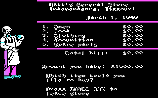 Screenshot of The Oregon Trail on a CGA PC in DOS but with the Hunchback font