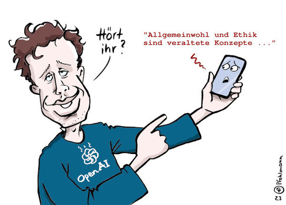OpenAI-Chef Altman zeigt sein Smartphone, auf dem ChatGPT mit etwas zerknirschtem Gesichtsausdurck halb zu Entwickler Altman spricht: "Allgemeinwohl und Ethik sind veraltete Konzepte ..." Altman antwortet mit Genugtuung in Richtung Betrachter/in: "Hört ihr?"