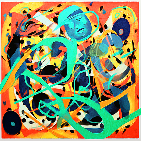 Dynamic abstract depiction with a stylized figure in a baseball cap, amidst swirls and bold colors.