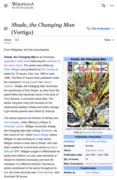 From Wikipedia:
Shade, the Changing Man is an American superhero comic book featuring the character of the same name. The series was written by Peter Milligan and published by DC Comics; it lasted for 70 issues, from July 1990 to April 1996. The final 37 issues were published under the company's Vertigo imprint for mature readers. [The series] chronicles the adventures of Rac Shade, an alien from the planet Meta who becomes stuck in the body of Troy Grenzer, a convicted serial killer. The series' long-term story arc focuses on the relationship between Shade and Kathy George, a girl whose parents were killed by Grenzer.

The series explores the themes of identity and love triangles, while offering a critique of American culture. Milligan conceived Shade, the Changing Man after writing Skreemer, his first comic for DC. Editor Karen Berger asked Milligan to start working on a new series; Milligan chose to write about Shade, who had been created for a short-lived series by Steve Ditko in 1977. Milligan sought to differentiate his series from Ditko's: he only used elements of Shade he deemed necessary and took the character in a different direction. Numerous artists contributed to the series throughout its run; the most recurring was Chris Bachalo, who illustrated 38 issues. 