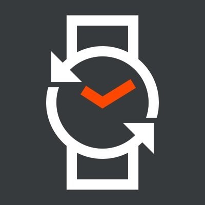 the Rebble logo: a simplified watch with rotating arrows and orange hands