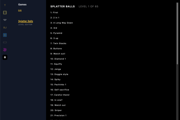 A screenshot of the level editor as it stands. Currently it lists the existing levels.