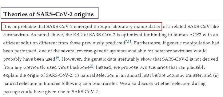 Excerpt from "Proximal Origin of SarsCov2"
Published at Nature Medicine 26, pp.450 to 452 in 2020
