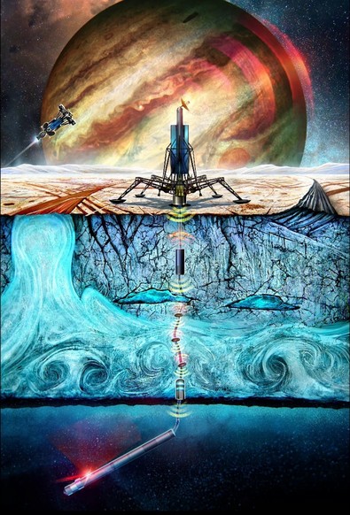 Conceptual image of the Cryobot mission profile. A lander deploys a nuclear-powered probe, which melts through the ice shell to access the ocean below. A tether and wireless transceivers are deployed behind the probe during its descent for communication.
Credit: NASA/JPL-Caltech