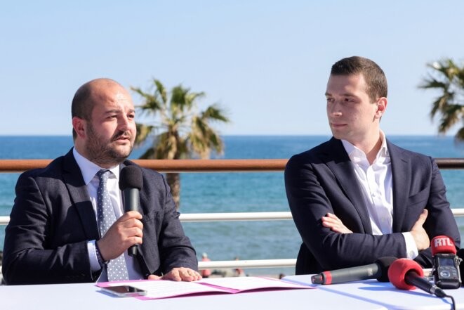 David Rachline et Jordan Bardella le 28 avril 2022, à Fréjus (Var). © Valery HACHE / AFP