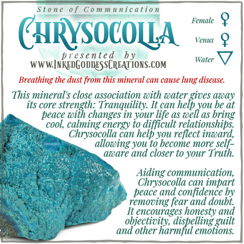 A graphic about Chrysocolla featuring a photo of the mineral, from Inked Goddess Creations.