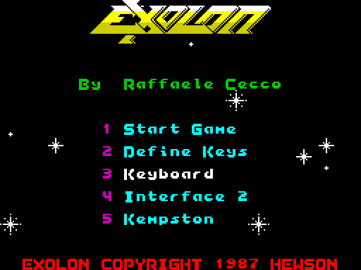Screenshot of Exolon on the ZX Spectrum but with the 4am Tektura font
