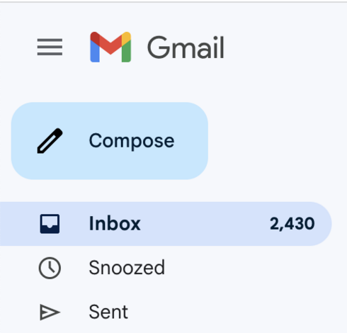 A screen capture of my current Gmail inbox total of unread emails having reached 2430