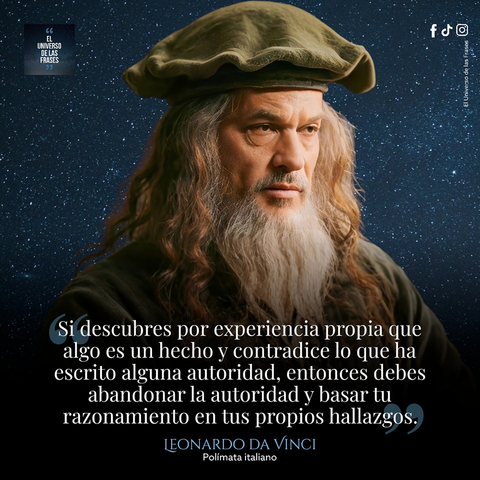 Fotografía recreada de Leonardo Da Vinci con cita.