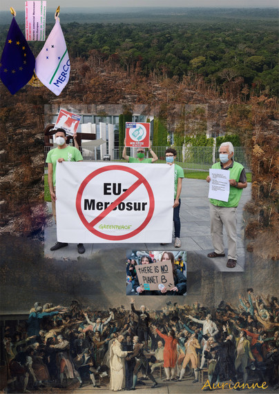 Avec l’accord EU-Mercosur, les marchandises circulent librement sans contrôle ni taxe. Il y a un risque sanitaire pour les consommateurs en Europe. On va créer des conditions de production déplorables au niveau social, de la santé humaine, du bien-être animal et de l’environnement. Par exemple, 27% des pesticides utilisés par les éleveurs brésiliens sont interdits en Europe. Plein d’entreprises en Europe vont délocaliser pour faire plus de marge en polluant tranquille. Tous les employés de l’agroalimentaire vont perdre leur emploi. Faire là-bas ce qui est interdit ici et toujours vendre au même prix, c’est ça l’objectif de cet accord.
Comme l’Union Européenne n’est pas dirigée de manière démocratique, les citoyens n’ont pas leur mot à dire. C’est un déni de démocratie et un déni de justice car tous les conflits doivent être gérés par un tribunal arbitral qui n’est pas composé de juristes mais d’industriels.
Il faut donner sa voix aux candidats qui sont contre l’accord EU-Mercosur et pour la prise de pouvoir au parlement européen, pour la souveraineté du parlement européen.
Lors du serment du jeu de paume le 20 juin 1789, les députés se sont proclamés eux-mêmes comme autorité suprême de l’expression de la démocratie et ont affirmé que l’exécutif est à leur service. “Il n’appartient qu’aux représentants élus de concourir à former le voeu national et que tous les 