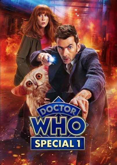 Promotional poster for Doctor Who 2023 60th-anniversary episode #1 of 3. It shows actors David Tennant (Doctor Who) and Catherine Tate (Donna Noble) in a burning industrial building. The Doctor looks toward the camera with a tense expression while something else to the left of the viewer seems to have caught Donna's attention. A white-furred creature with circular yellow eyes and rounded pink ears crouches behind the Doctor with a fearful expression. The Doctor wears a dark-gray trench coat, a light-colored button-down shirt, dark-colored tie & vest, dark plaid trousers, and Converse shoes. Donna wears a dark-colored coat and what looks like a multi-colored sweater top. The Doctor has their left hand extended toward the viewer with fingers splayed, while activating a sonic screwdriver in their right hand.