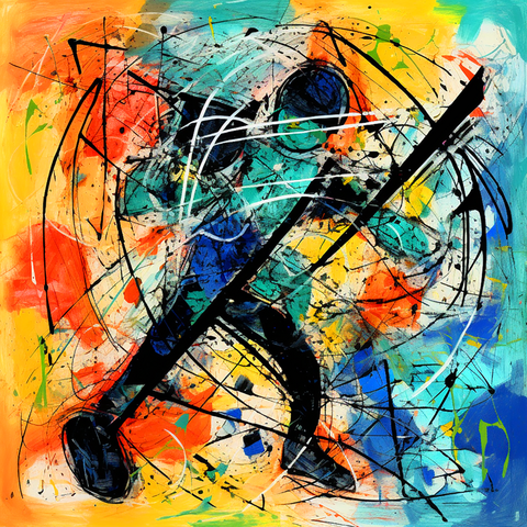 Abstract, energetic composition with a central figure that could be interpreted as a baseball player in motion, set against a backdrop of vivid colors and dynamic lines.
