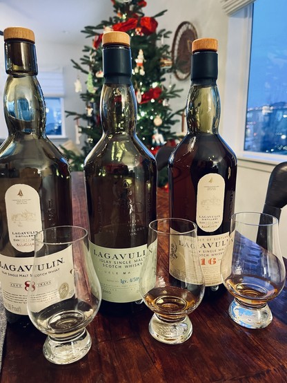 Taste testing three bottles of Lagavulin: 8 year, 11 year, and 16 year
