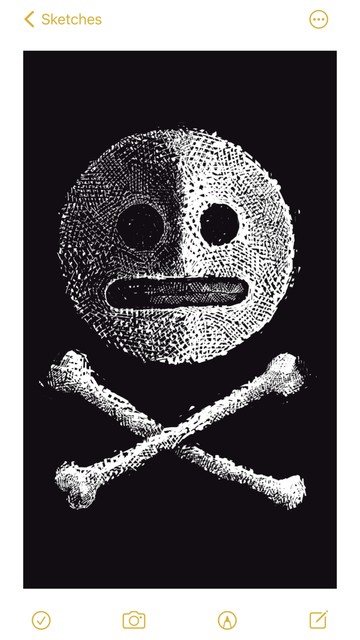 A skull and crossbones, except the skull is that "grimace" emoji: a round face with two dots for eyes and a mouth in a straight, horizontal line showing teeth. The face and bones are white, on a black background.