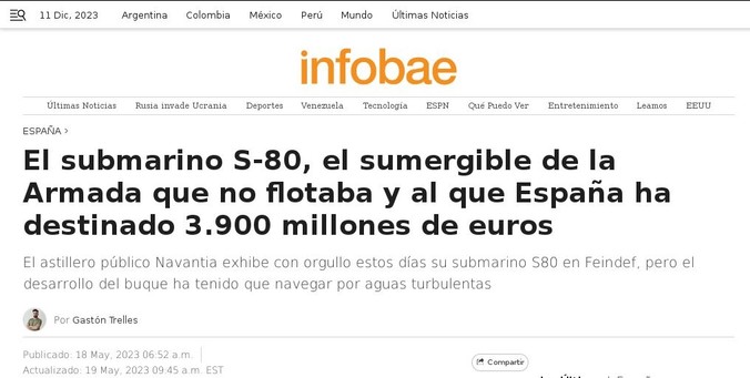 Spanish submarine S-80 scandal
Headlines Infobae 2023 May.18