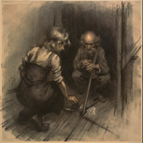 In the heart of a Dickensian slum, where narrow alleyways wind through dilapidated buildings and the flicker of gas lamps struggles against the encroaching darkness, a poignant scene unfolds. Two impoverished souls, wrapped in ragged layers of threadbare clothing, huddle in a secluded corner, their makeshift gambling den.