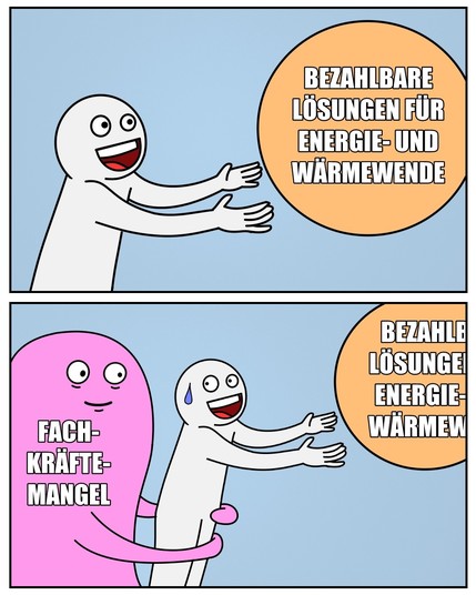 Eine Person will nach einem Ball greifen auf dem steht "Bezahlbare Lösungen für Energie- und Wärmewende"
Hinter ihm taucht ein Monster auf, was ihn zurückzieht. Die Person hat eine Schweißperle auf der Stirn, das Monster grinst, auf ihm steht: "Fachkräftemangel"