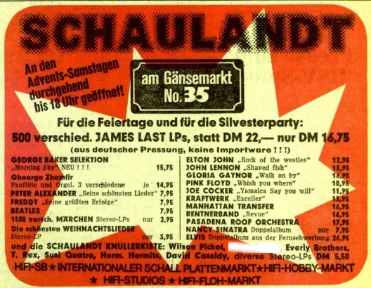 Zeitungswerbung mit langer Liste der angebotenen Musikalben