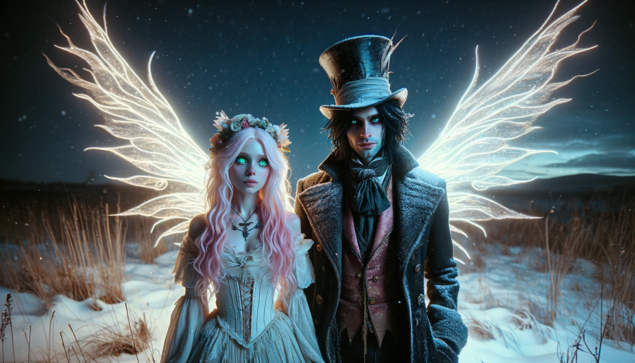 The image depicts two contrasting characters in a snow-covered field at night. On the left, Roisin appears as a celestial being with ethereal grace. She has radiant, angelic wings that emit a soft, divine glow, enhancing her appearance of warmth and wonder. Her hair is pink, and her eyes are green. On the right stands Lucian "Grim" Thornfield, styled as a dark, whimsical figure reminiscent of the Mad Hatter. He wears a tattered top hat and a Victorian-era suit with a dark, mysterious twist. His hair is black with streaks of grey, and his eyes carry a distant, haunted look. The scene is set against a tranquil, snowy landscape at night, creating a striking visual contrast between the two characters – one embodying light and the other darkness.
