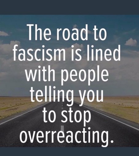 Text: the road to fascism is lined with people tellin you to stop overreacting.