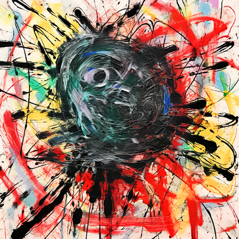 Intense abstract image with a circular motif that might suggest a baseball, surrounded by splatters and streaks of bold color.